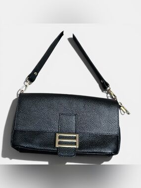 Textured Black Shoulder Bag with Gold Accent